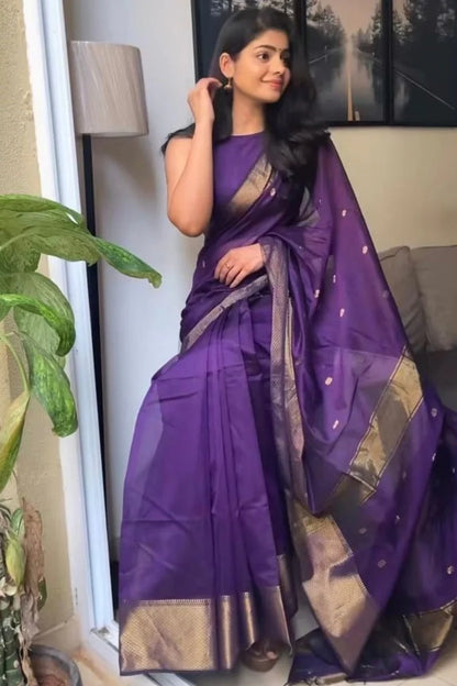Prepossessing Purple Cotton Silk Saree With Beautiful Blouse Piece