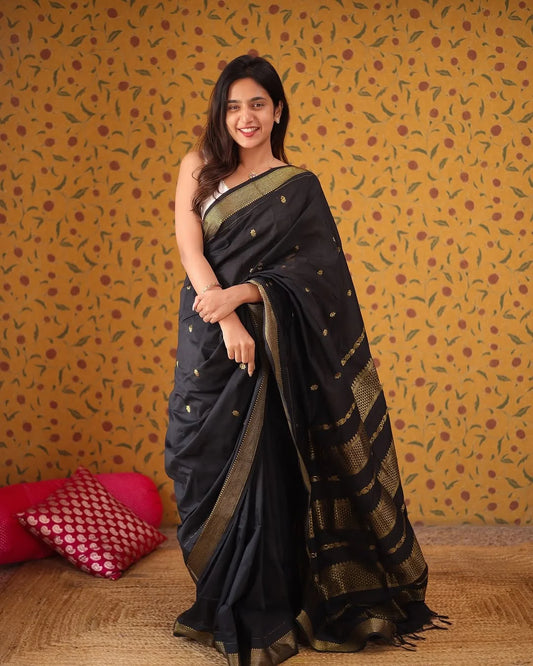 Aesthetic Black Soft Silk Saree With Classic Blouse Piece