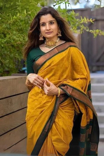Traditional Mustard Soft Silk Saree With Unique Blouse Piece