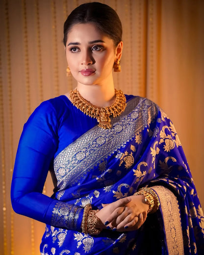 Magnificent Royal Blue Soft Banarasi Silk Saree With Glorious Blouse Piece