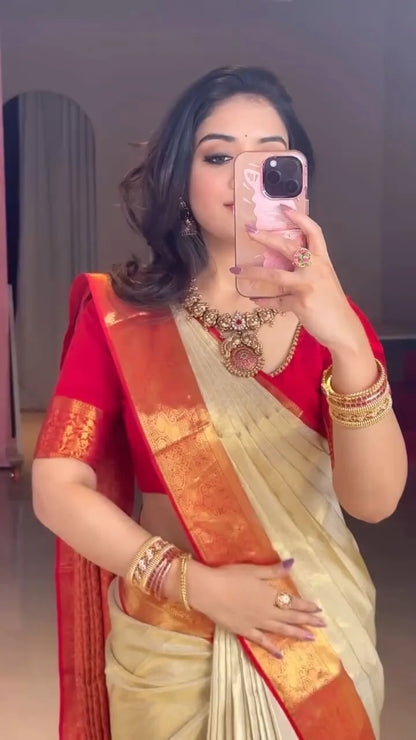 Glamorous Biege Pure Banarasi Silk Saree With Stunning Blouse Piece