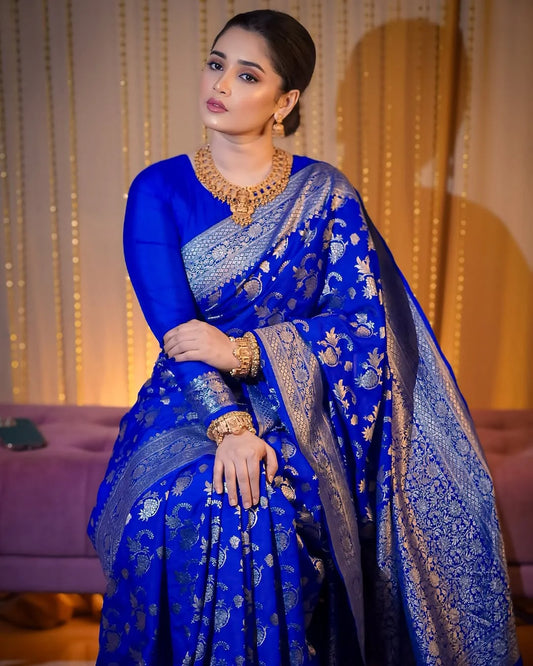 Magnificent Royal Blue Soft Banarasi Silk Saree With Glorious Blouse Piece
