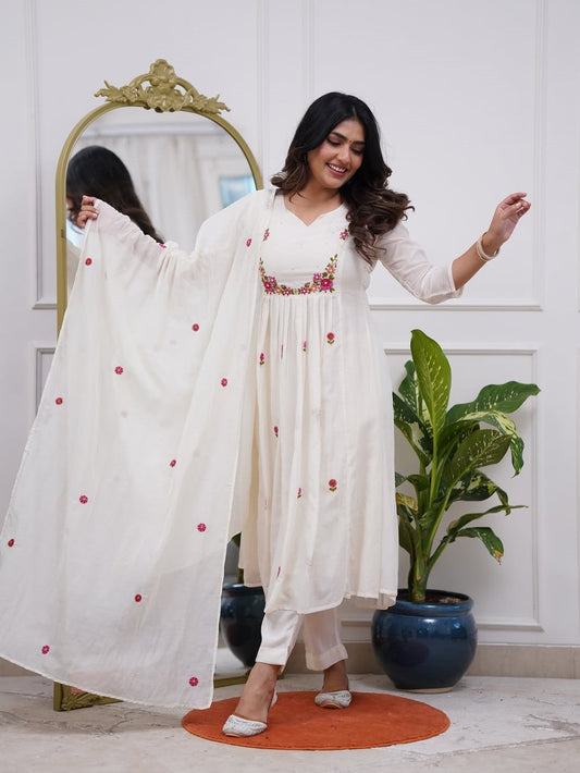 Elegant Chanderi Silk Embroidery Suit Set