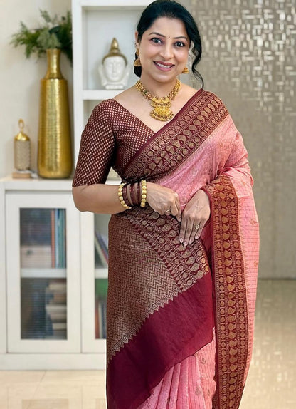 Delightful Pink Soft Silk Saree With Designer Blouse Peice