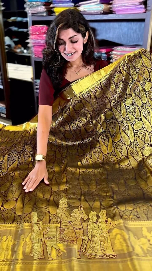Elegant Brown Soft Banarasi Silk Saree With Beautiful Blouse Piece