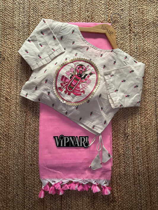 Baby Pink Handloom Cotton Saree With Stitched Designer Handwork Blouse