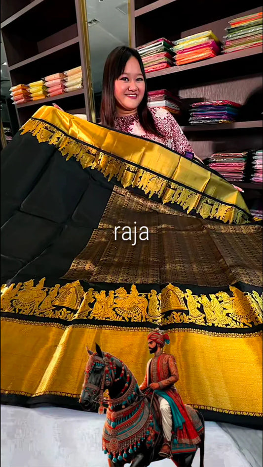 Raja Black Soft silk Saree with Golden Zari Work