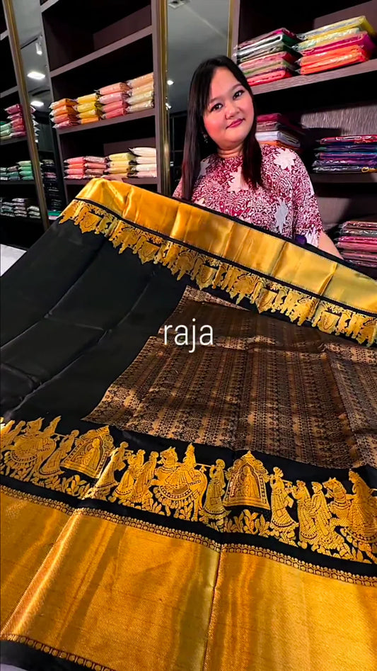 Raja Black Soft silk Saree with Golden Zari Work