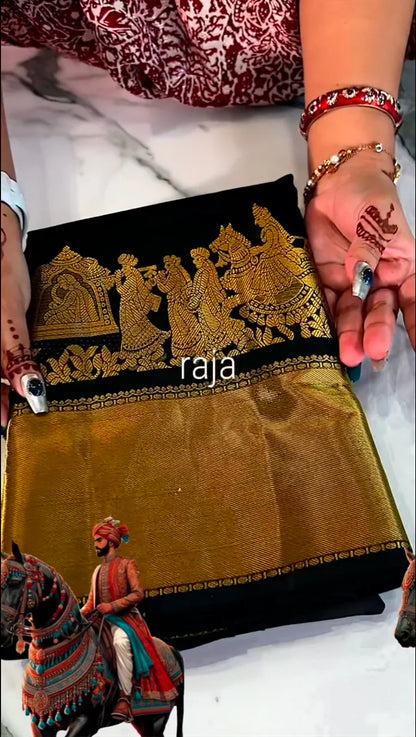 Raja Black Soft silk Saree with Golden Zari Work