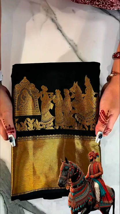 Raja Black Soft silk Saree with Golden Zari Work