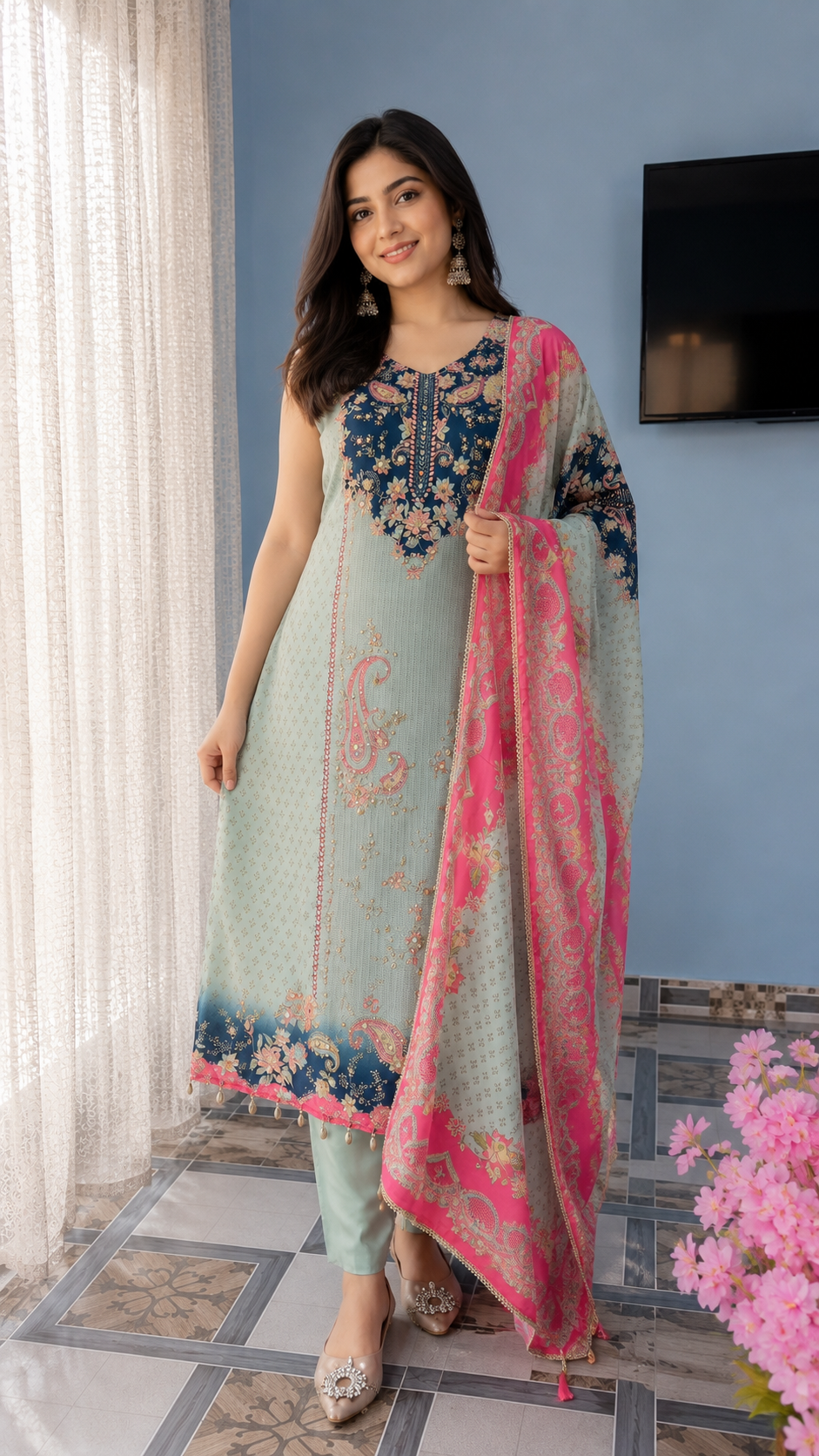 Celestine Bloom Heritage Mirror Work Suit Set