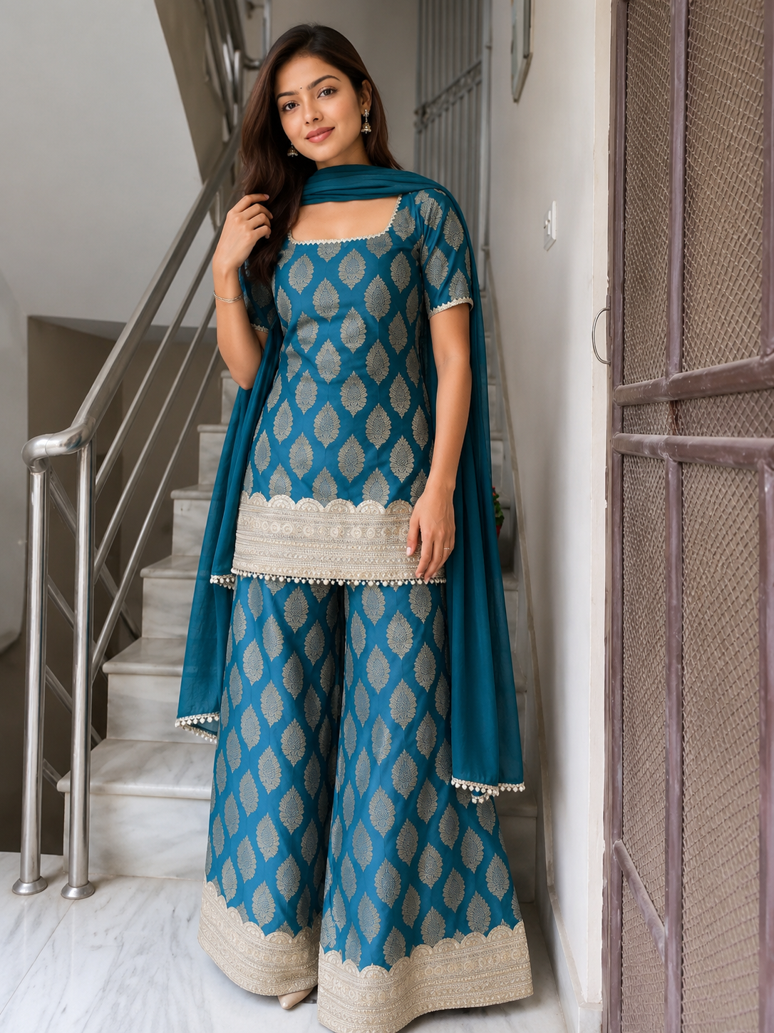 Premium Teal Jacquard Sharara Suit Set with Dupatta
