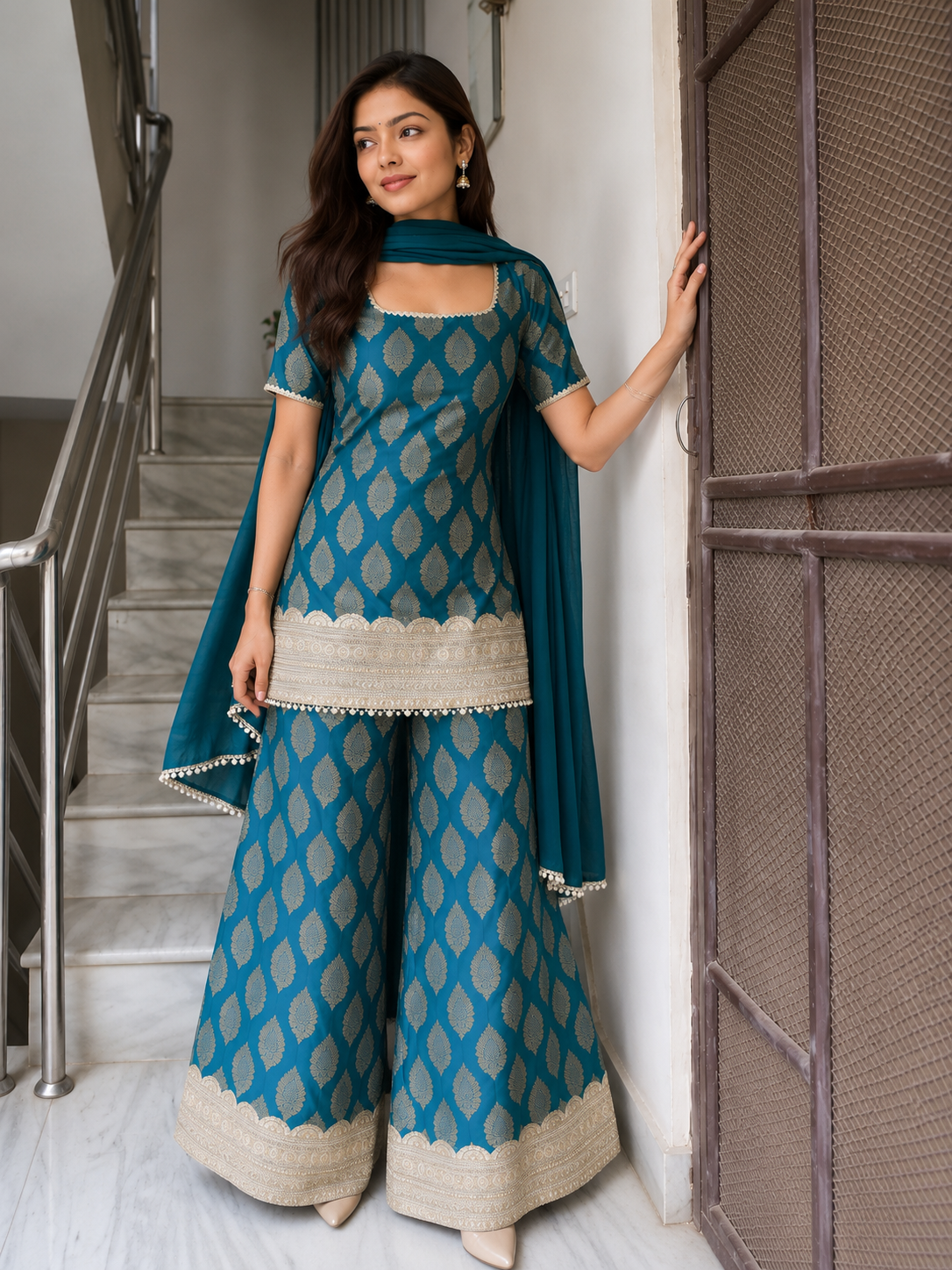 Premium Teal Jacquard Sharara Suit Set with Dupatta