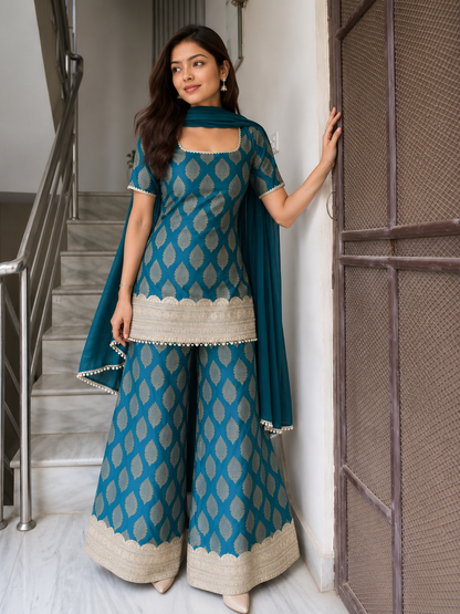 Premium Teal Jacquard Sharara Suit Set with Dupatta