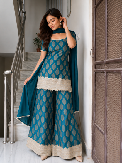 Premium Teal Jacquard Sharara Suit Set with Dupatta