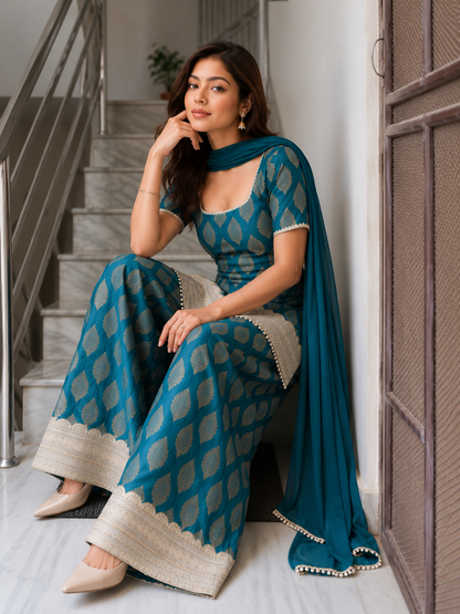 Premium Teal Jacquard Sharara Suit Set with Dupatta