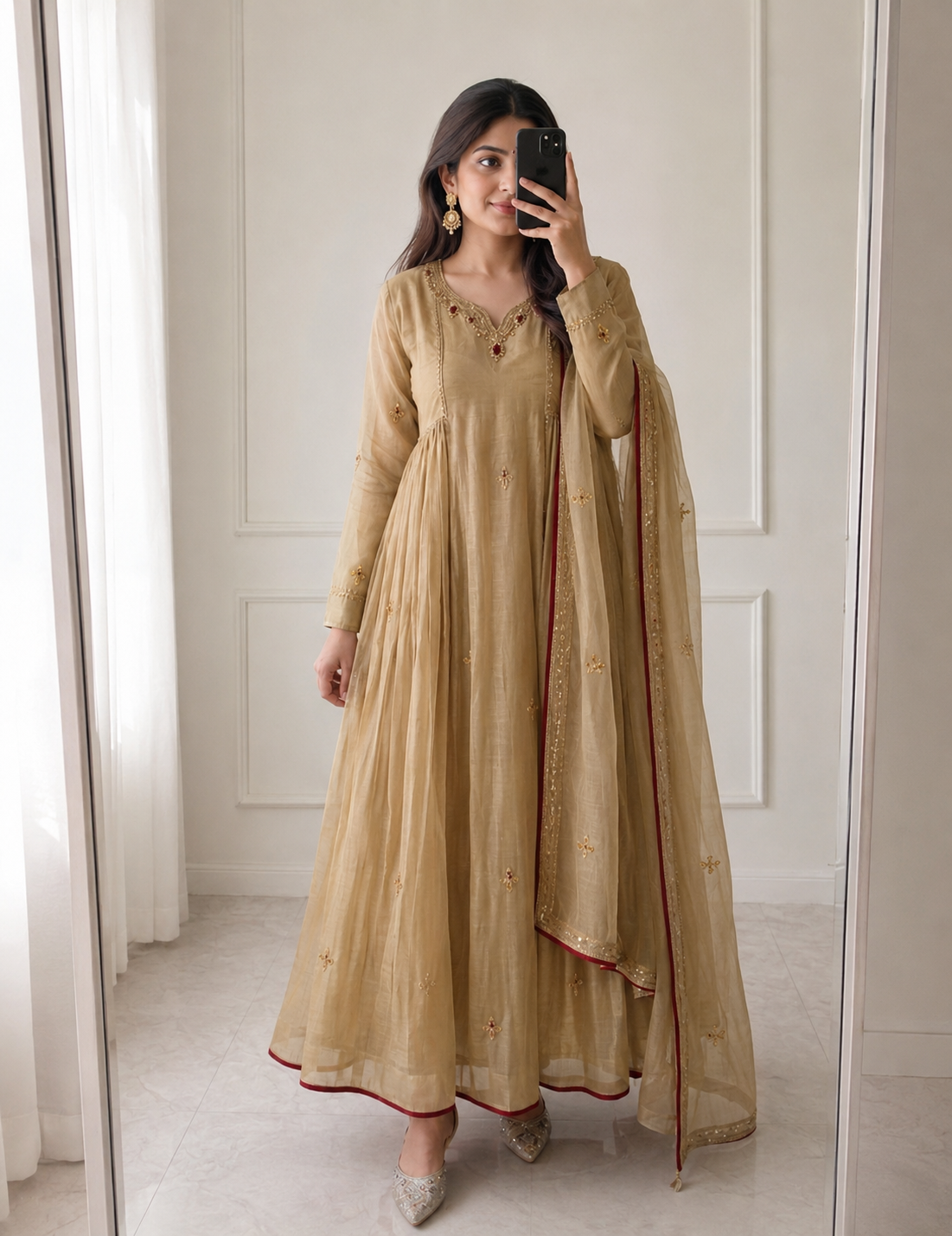 Royal Sand Gold Embroidered Anarkali Suit Set