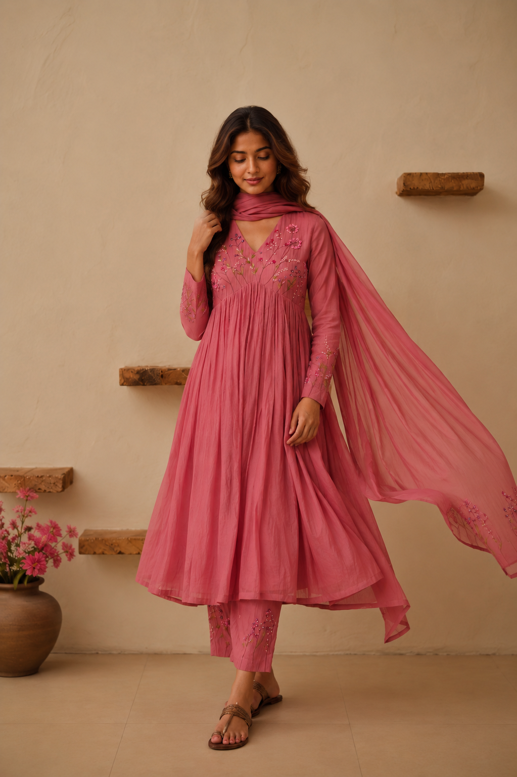 Elegant Pink Floral embroidery Anarkali Style suit Set