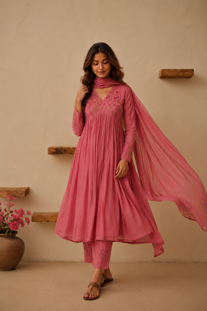 Elegant Pink Floral embroidery Anarkali Style suit Set