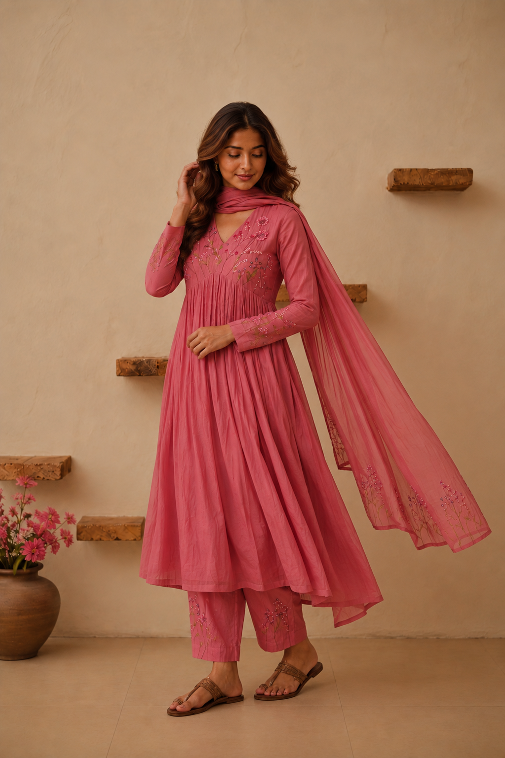 Elegant Pink Floral embroidery Anarkali Style suit Set