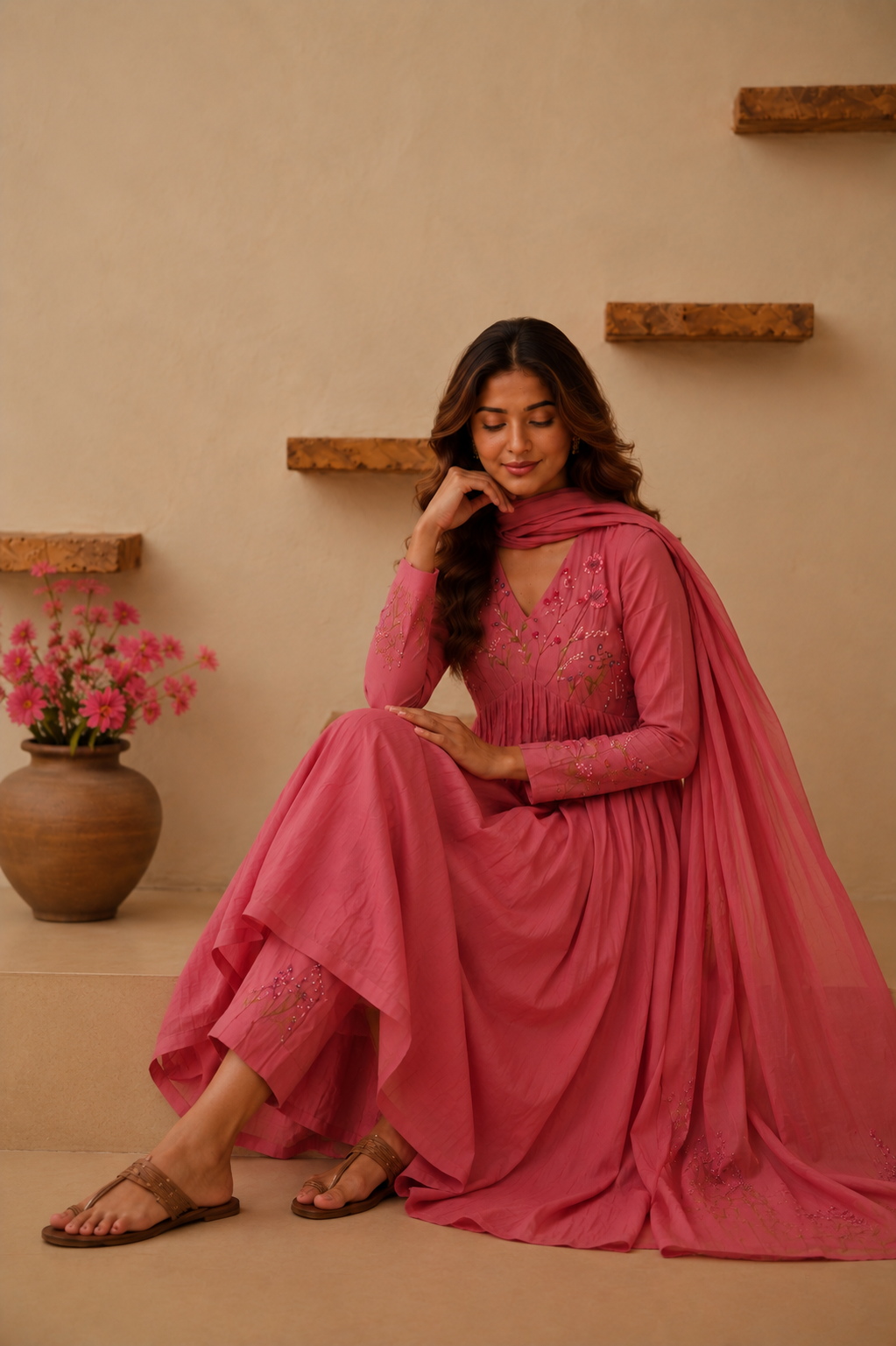 Elegant Pink Floral embroidery Anarkali Style suit Set