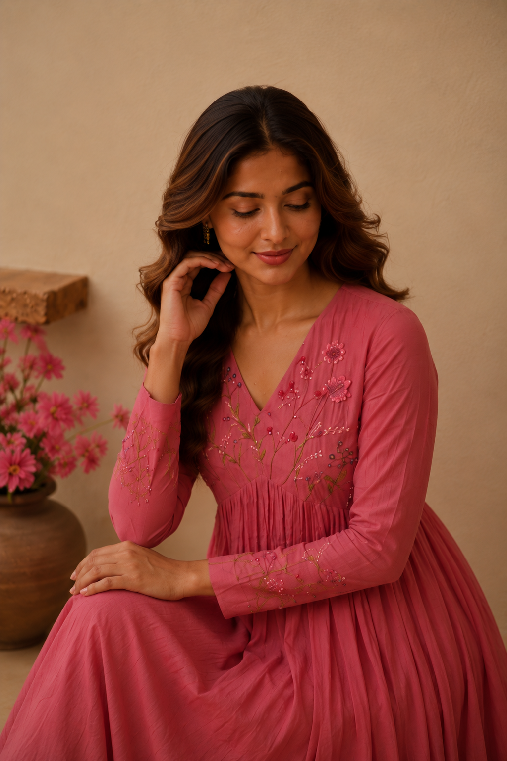 Elegant Pink Floral embroidery Anarkali Style suit Set
