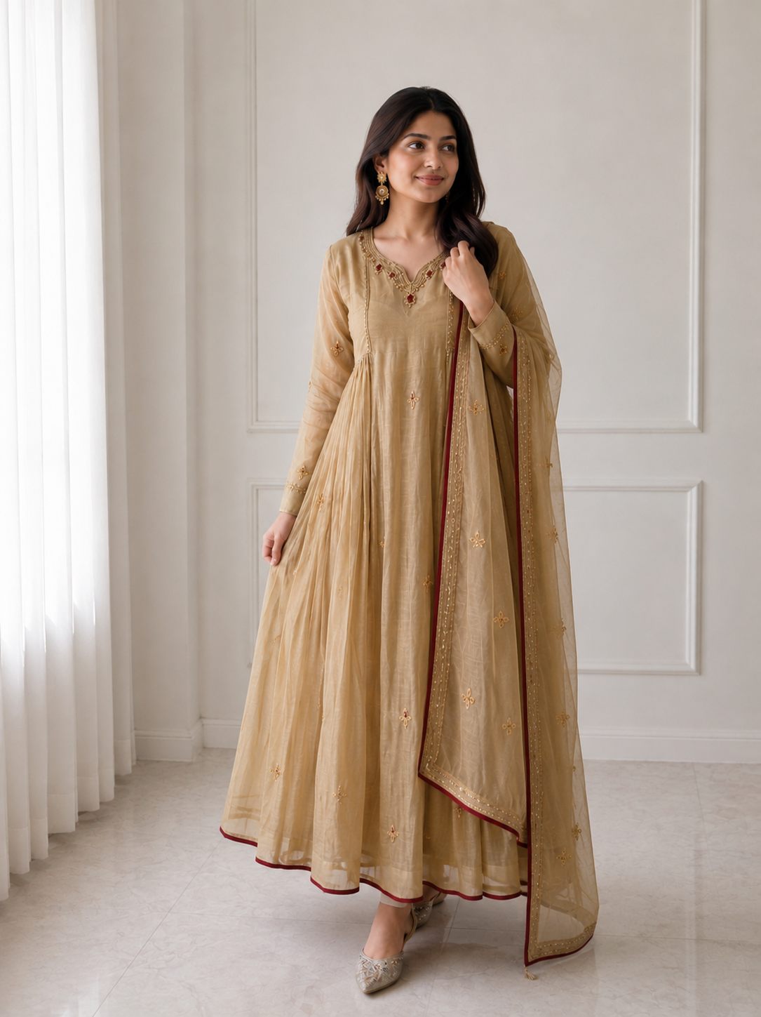 Royal Sand Gold Embroidered Anarkali Suit Set