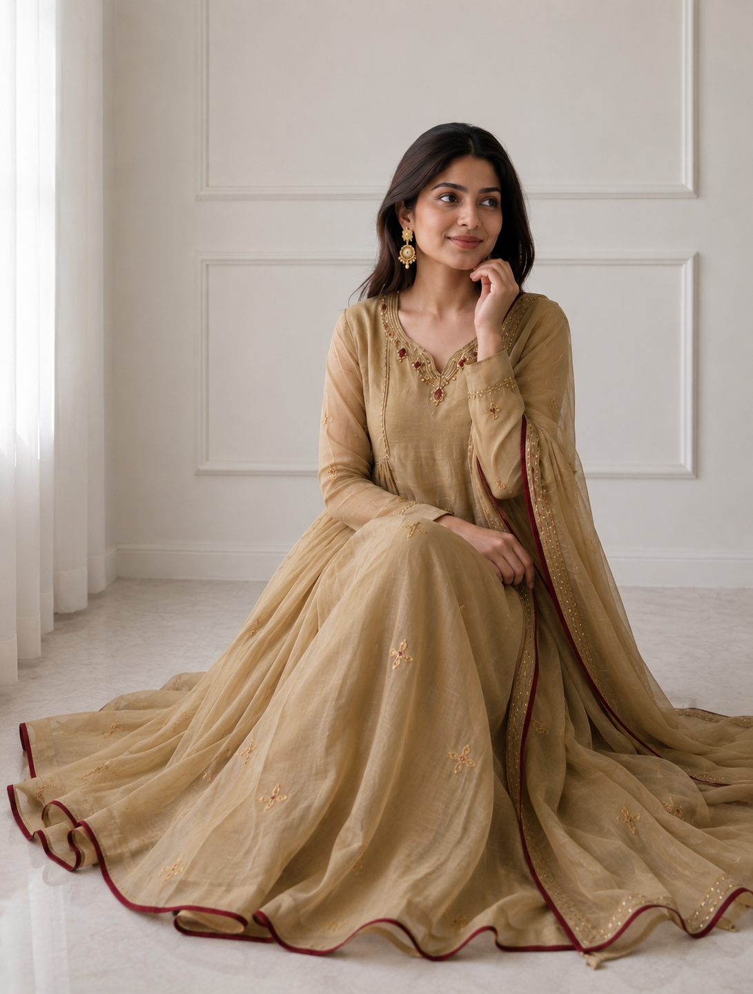 Royal Sand Gold Embroidered Anarkali Suit Set