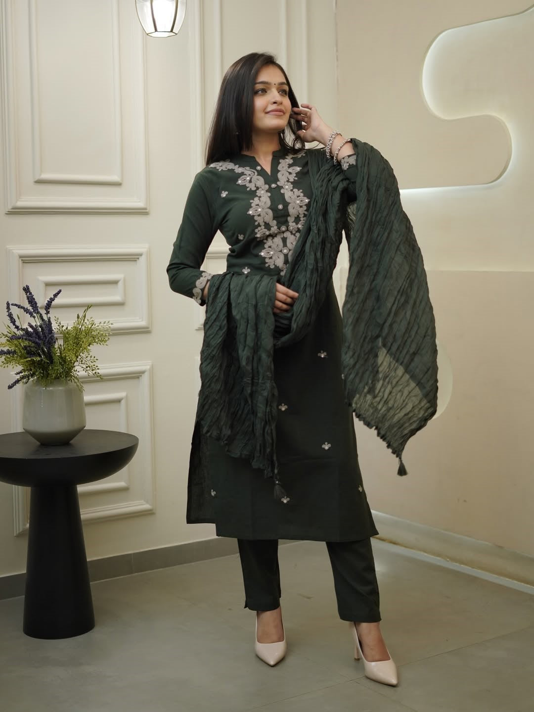 Very Pretty Rayon Slub Embroidery Suit Set