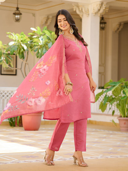 Unique Pastal Pink Viscose Chanderi Silk Embroidary Suit Set