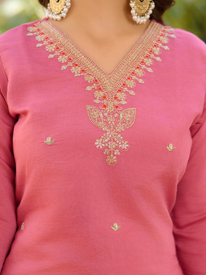Unique Pastal Pink Viscose Chanderi Silk Embroidary Suit Set