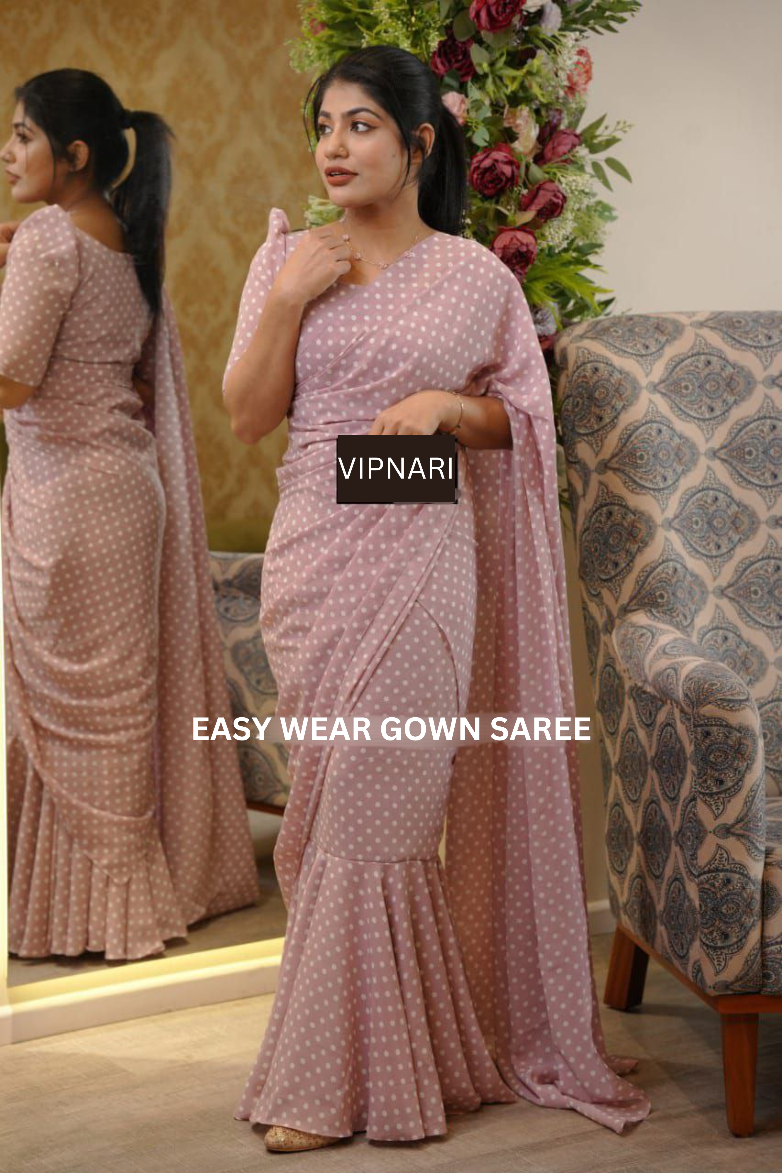 Launching Celebrity Ready To Wear Gown Saree In Doted Design