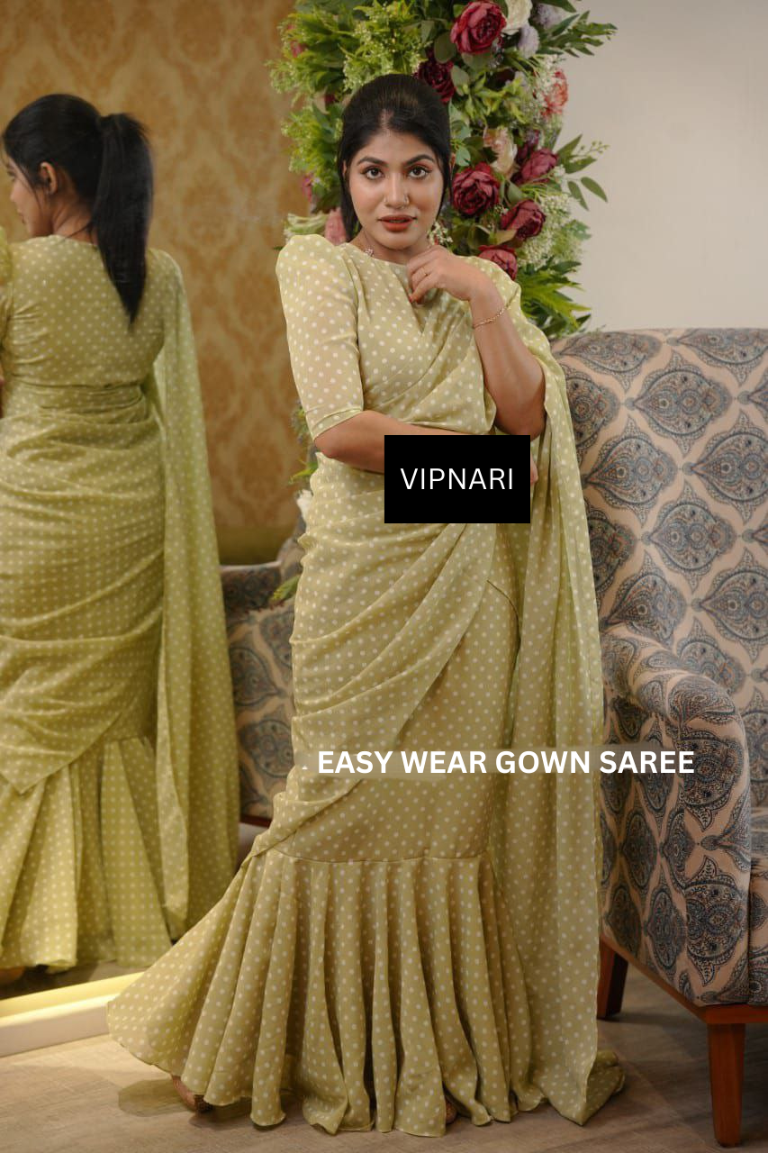 Launching Celebrity Ready To Wear Gown Saree In Doted Design