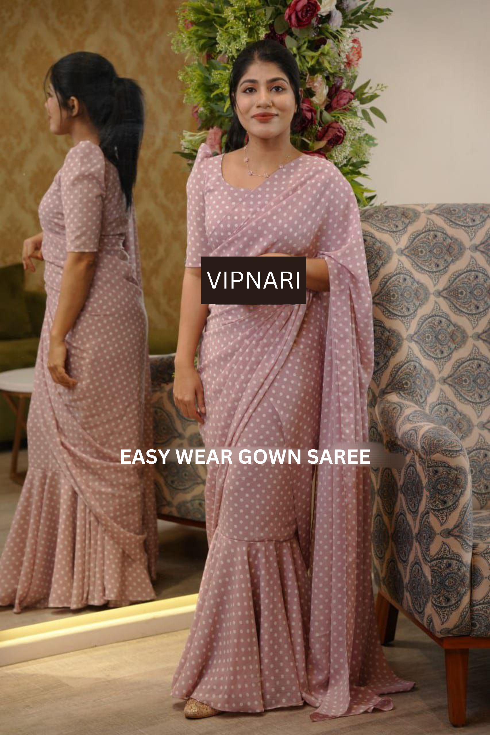 Launching Celebrity Ready To Wear Gown Saree In Doted Design