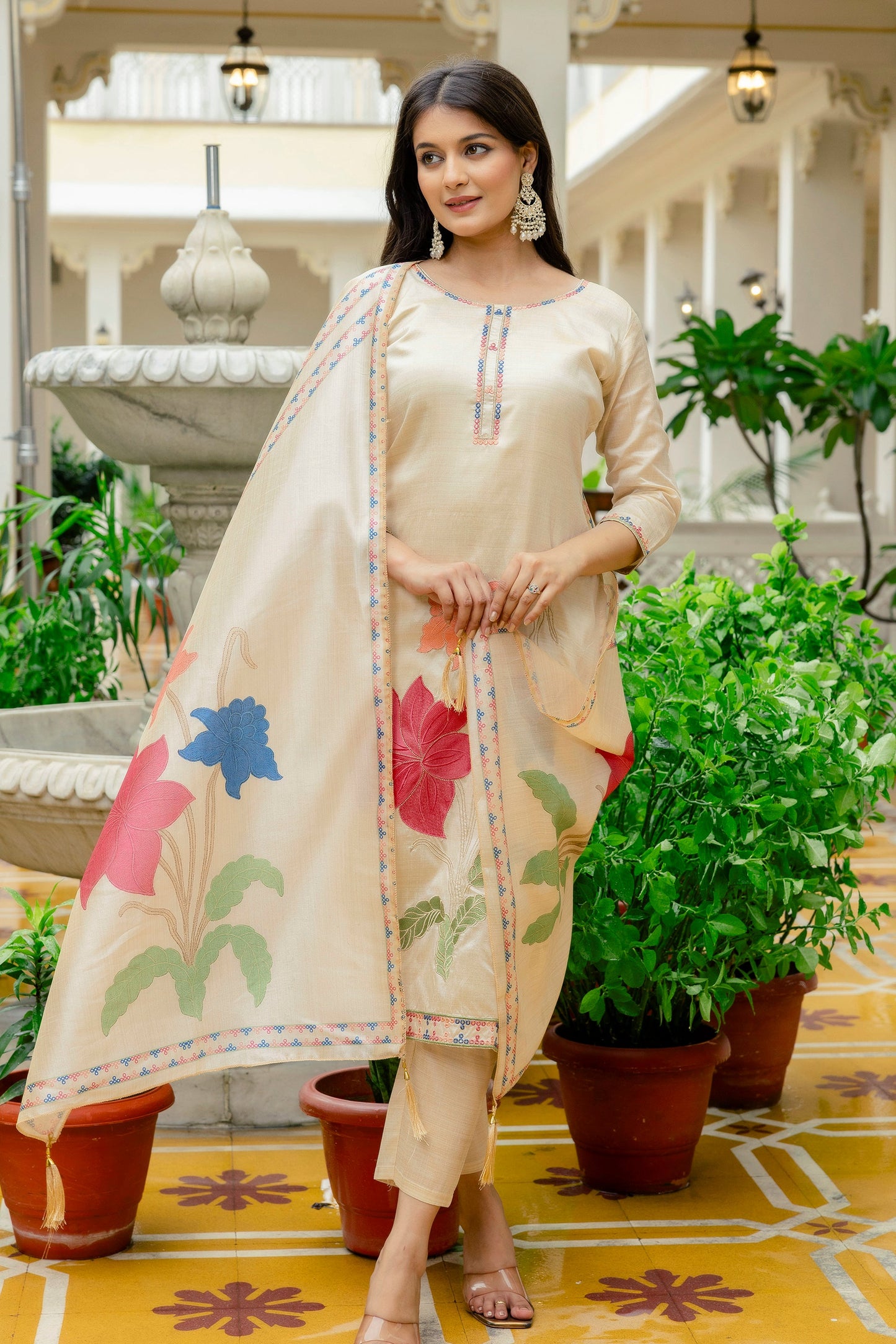 Charming Viscose Silk Embroidery Suit Set