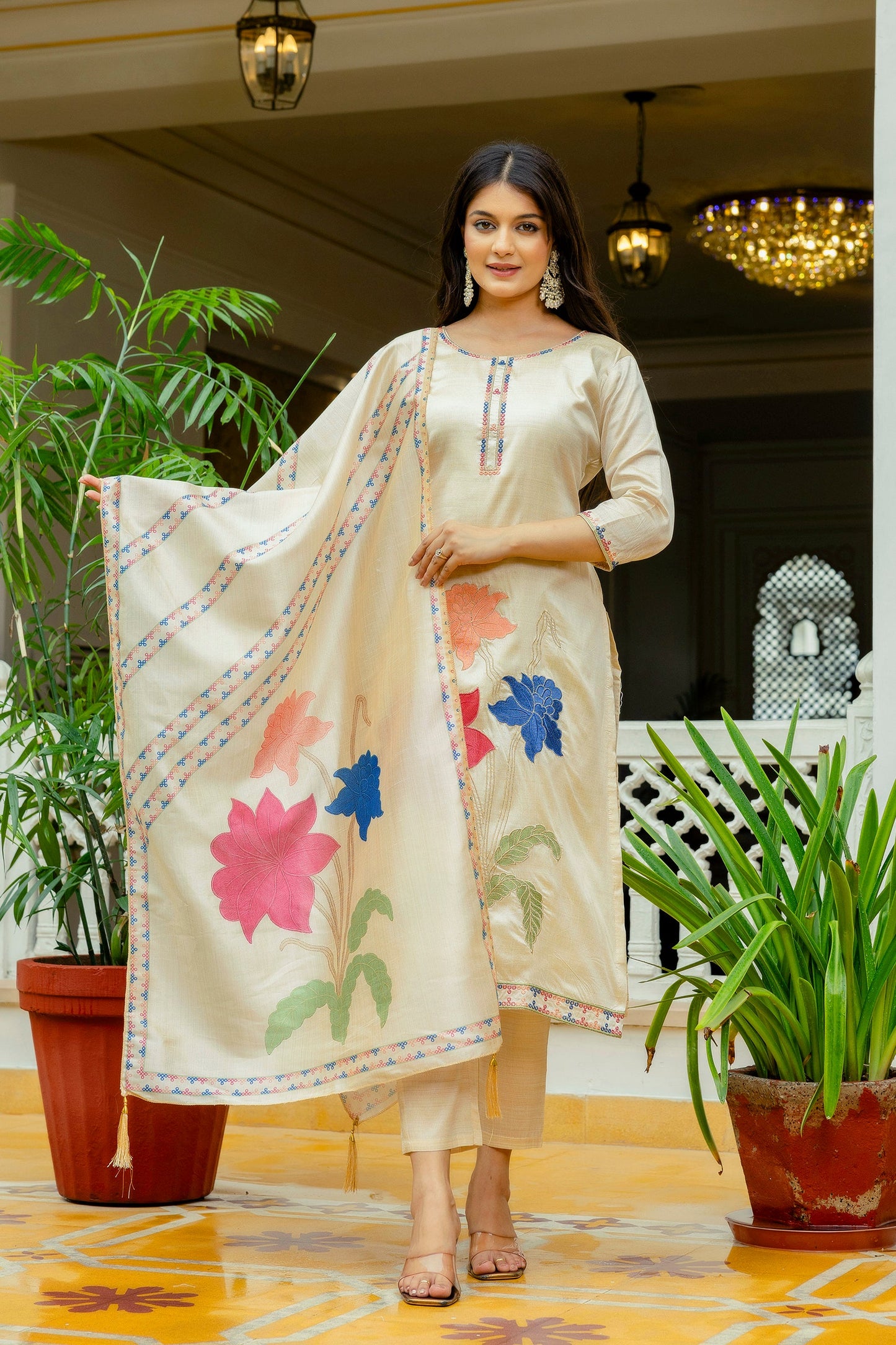 Charming Viscose Silk Embroidery Suit Set