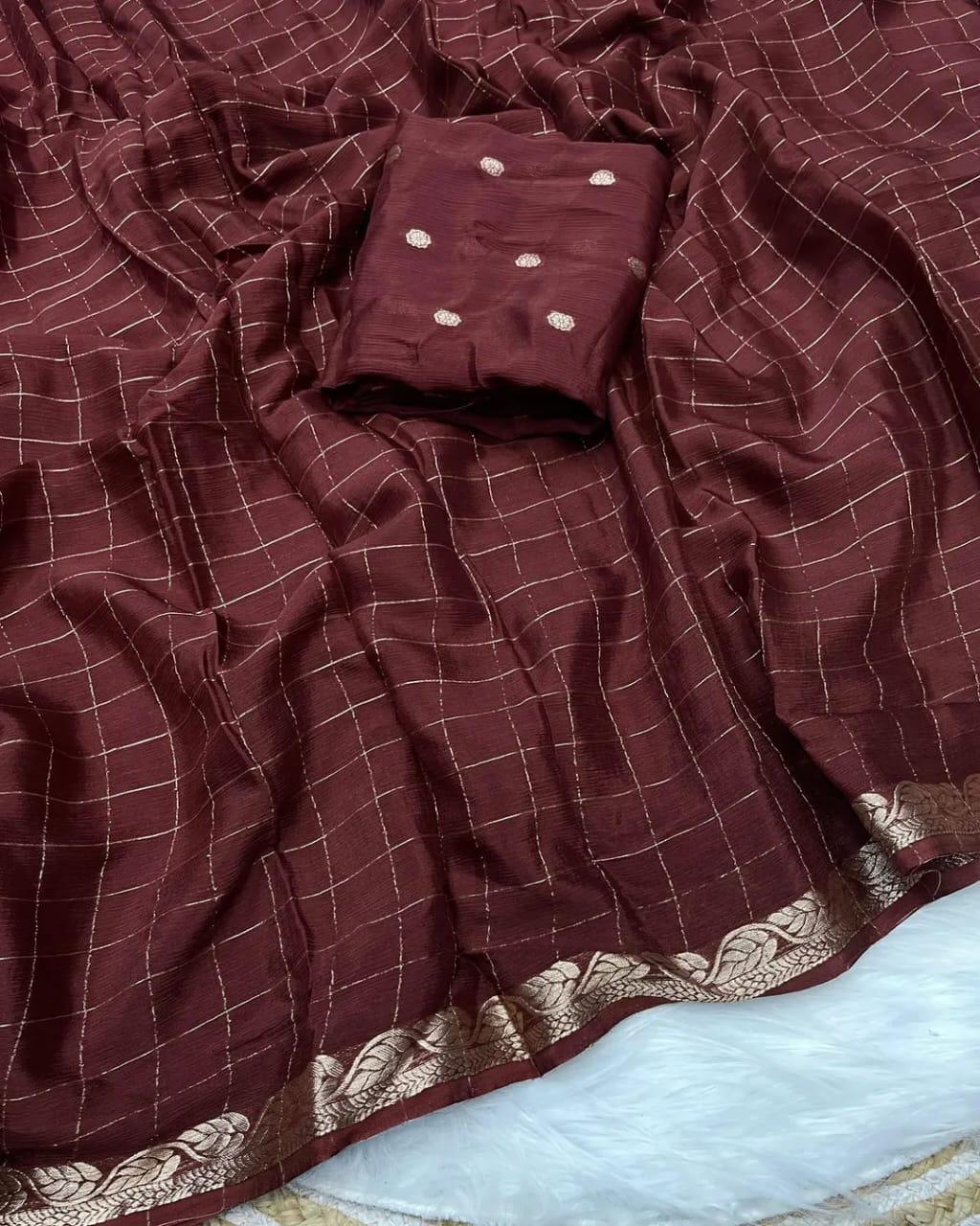 Most Trending Viral Viscose Silk Dark Coffee Saree With Weaving Zari Border