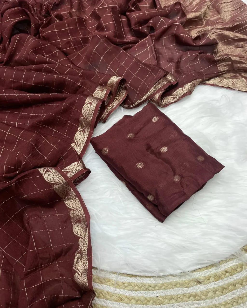 Most Trending Viral Viscose Silk Dark Coffee Saree With Weaving Zari Border