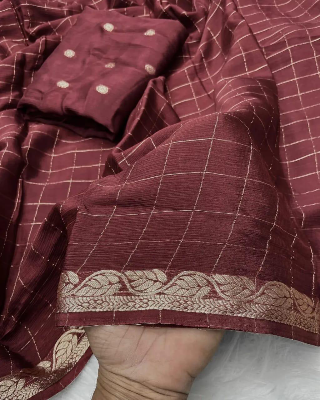 Most Trending Viral Viscose Silk Dark Coffee Saree With Weaving Zari Border