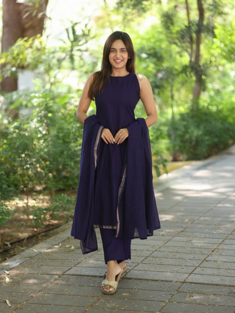 Elegant Purple Narayanpet Suit Set (With Sleeves Attached)