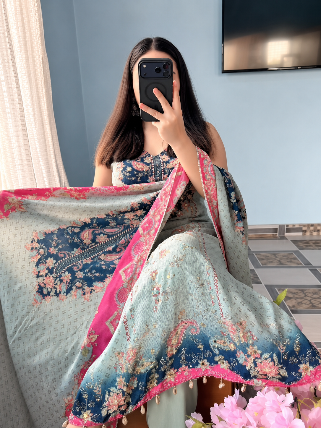Celestine Bloom Heritage Mirror Work Suit Set