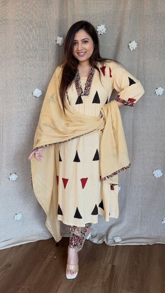 Pure Cotton Kalamkari A-line Plazo Dupatta Set