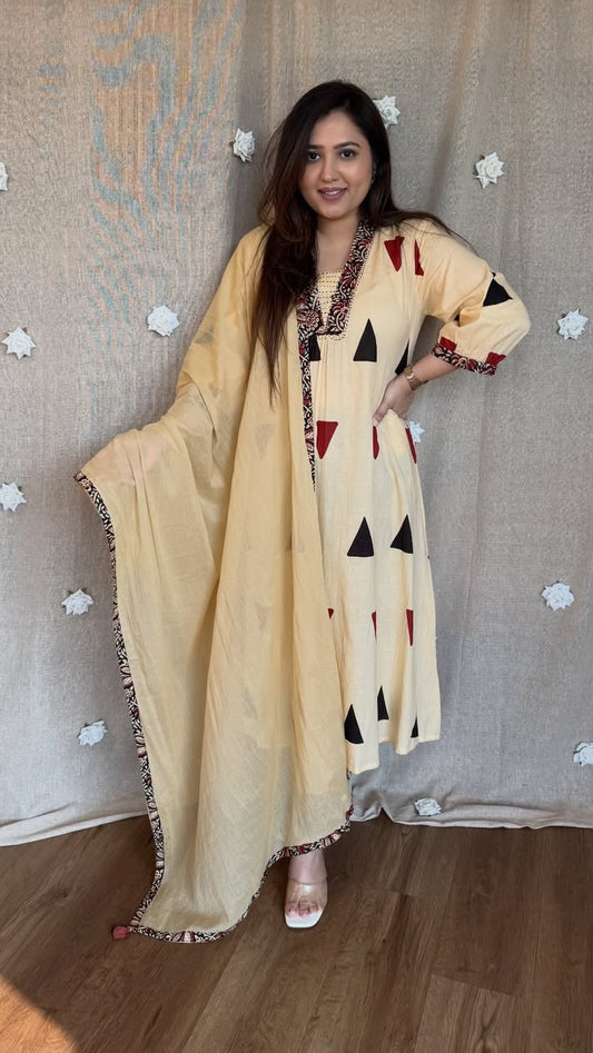Pure Cotton Kalamkari A-line Plazo Dupatta Set