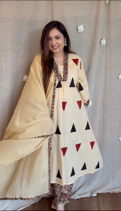 Pure Cotton Kalamkari A-line Plazo Dupatta Set