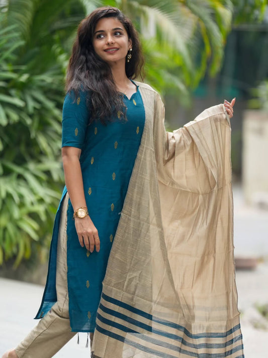 Charming Blue Kanchi Cotton Zari Weaving Suit Set