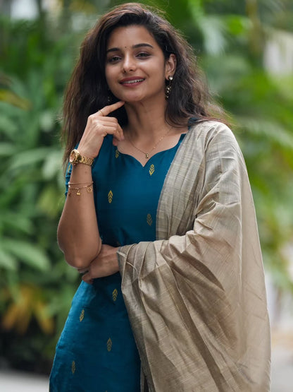 Charming Blue Kanchi Cotton Zari Weaving Suit Set