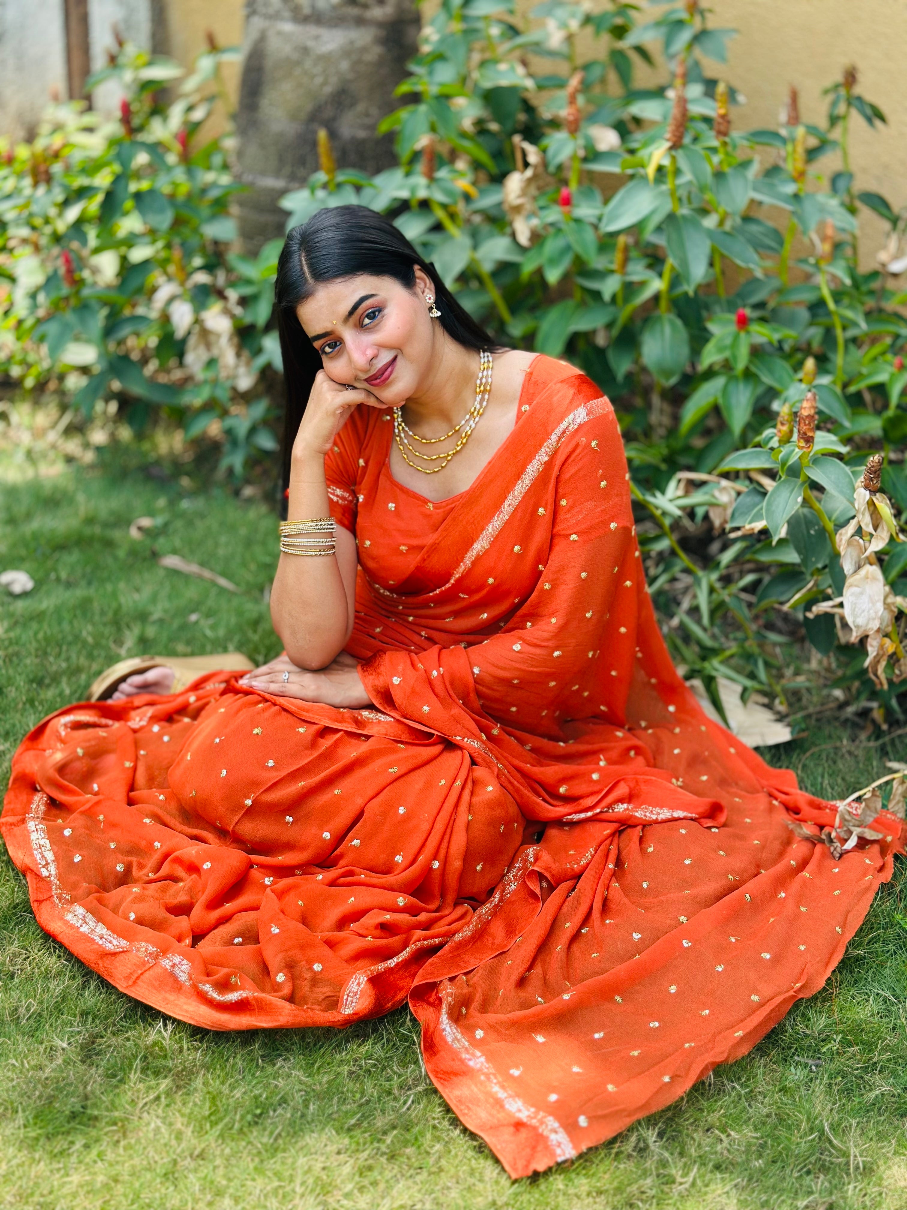 Most Trending Viral Pure Viscose Georgette Festival Red Saree With Satin Border