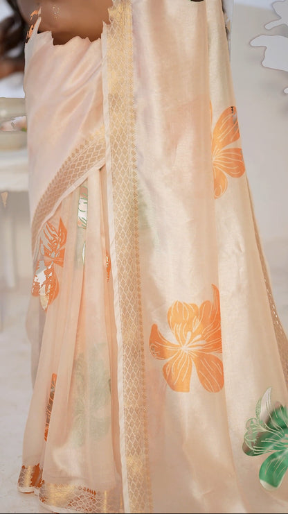 Elegant Cream Handllom Silk Blend Saree With Zari border