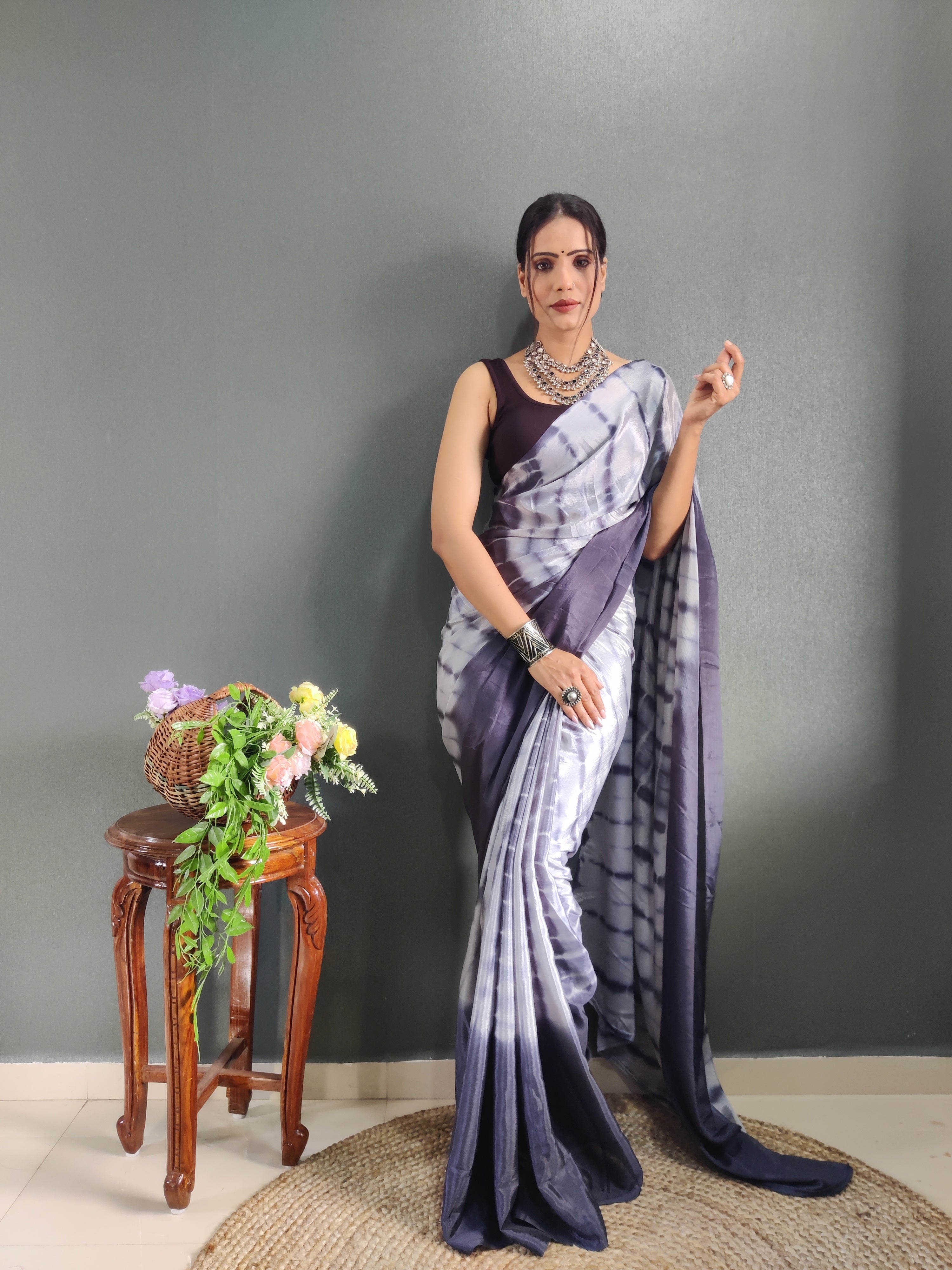 1-min Ready To Wear Saree In Premium Chinon Silk Fabric