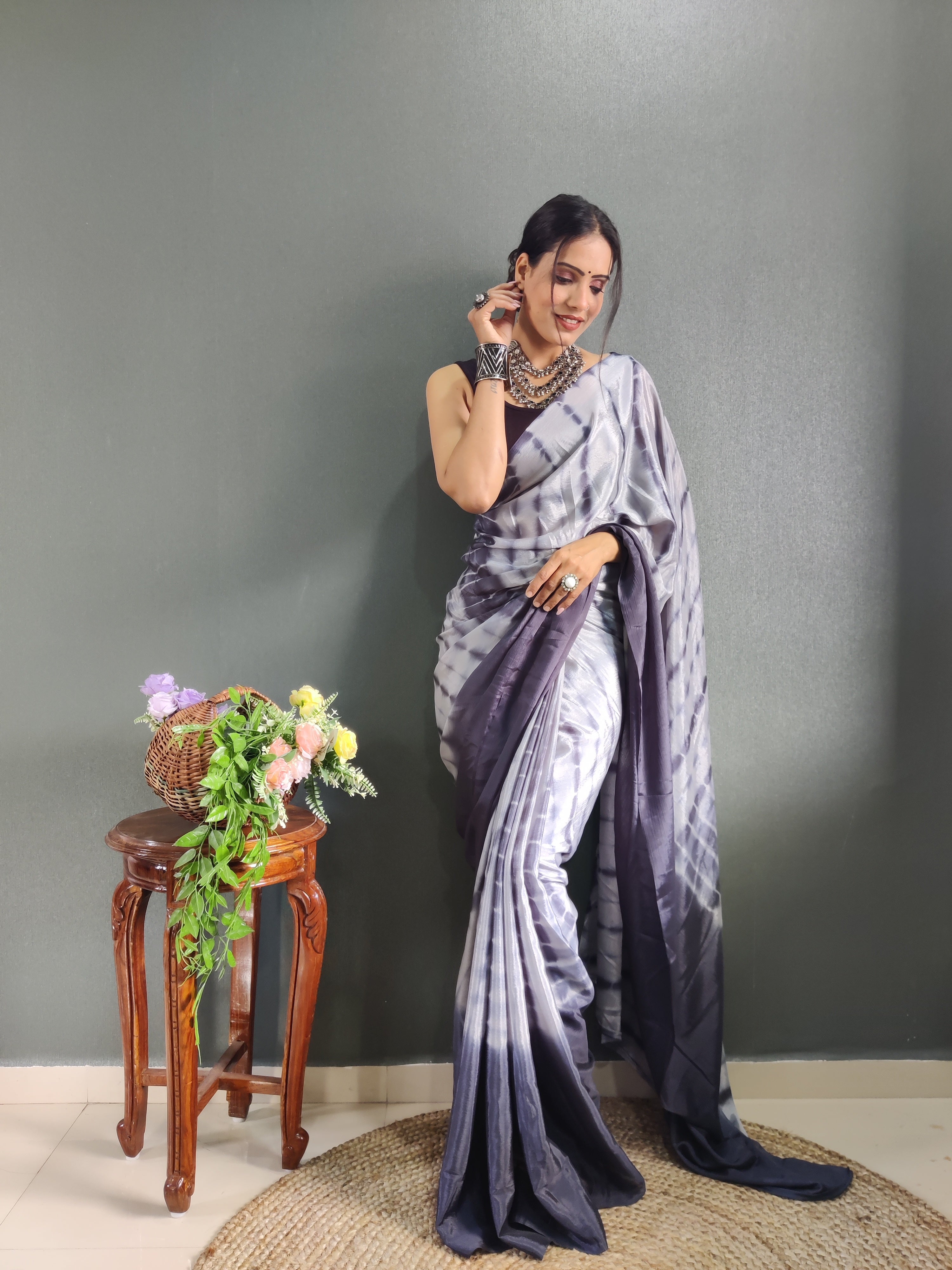 1-min Ready To Wear Saree In Premium Chinon Silk Fabric